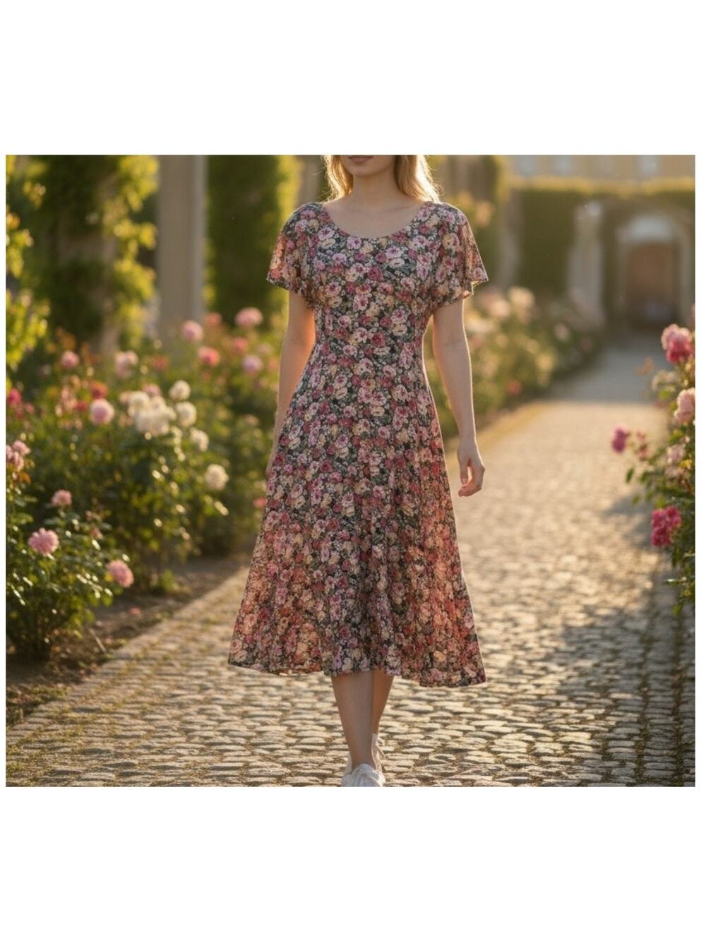 Vintage 90s Floral Midi Dress Cottagecore Grunge Rose Print Tie Back M
